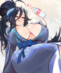 :q absurdres areola_slip black_hair blue_robe bottle bow breasts breasts_apart commission covered_erect_nipples grey_nails hachirou_(crazy318) hair_between_eyes highres holding holding_bottle horns indie_virtual_youtuber large_breasts long_hair milk_bottle multicolored_horns nail_polish oumiya_emma red_eyes robe skeb_commission tongue tongue_out two-tone_horns virtual_youtuber