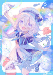 Rule 34 | 1girl, :d, arm up, beret, blue border, blue bow, blue neckerchief, blue shirt, blush, border, bow, cowboy shot, dot nose, fang, fish, flag, foot up, frilled skirt, frills, hair between eyes, hat, hat bow, highres, holding, holding flag, legs together, long hair, looking at viewer, low twintails, mini flag, mishiro (iromishiro), neckerchief, open mouth, original, outside border, pelvic curtain, rainbow, sailor collar, school uniform, serafuku, shirt, short sleeves, side slit, sidelocks, signature, skirt, smile, solo, suspender skirt, suspenders, twintails, umbrella octopus, white eyes, white hair, white hat, white sailor collar, white skirt
