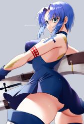 Rule 34 | 1girl, artist name, ass, bare arms, bare shoulders, blue dress, blue eyes, blue gloves, blue hair, blue panties, blue thighhighs, bodypaint, breasts, ciel (tsukihime), cowboy shot, dress, from behind, frown, gloves, hair intakes, highres, holding, holding weapon, large breasts, looking at viewer, looking back, omiyacha, panties, parted bangs, pile bunker, powered ciel, seventh holy scripture, short dress, short hair, sidelocks, simple background, sleeveless, sleeveless dress, solo, standing, thighhighs, tsukihime, twisted torso, twitter username, underwear, weapon