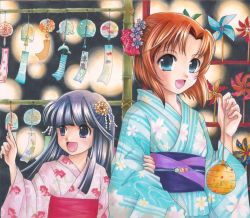 Rule 34 | 2girls, blue eyes, blue hair, blue kimono, festival, floral print, furude rika, gintarou (puipuiginta), higurashi no naku koro ni, hime cut, japanese clothes, kimono, multiple girls, pink kimono, print kimono, red hair, ryuuguu rena, striped clothes, striped kimono, traditional media, vertical-striped clothes, vertical-striped kimono, yukata