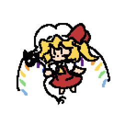 Rule 34 | 1girl, animated, animated gif, ascot, blonde hair, chibi, commentary, english commentary, fds ty, flandre scarlet, flapping, full body, hat, holding, holding polearm, holding weapon, laevatein (touhou), medium hair, mob cap, multicolored wings, one side up, pixel art, polearm, puffy short sleeves, puffy sleeves, red skirt, red vest, shirt, short sleeves, skirt, solid oval eyes, solo, touhou, vest, weapon, white background, white hat, white shirt, wings, yellow ascot