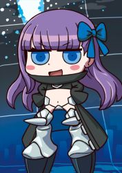 Rule 34 | 1girl, april fools, armored boots, blue bow, blue eyes, blush stickers, boots, bow, chibi, crotch plate, fate/grand order, fate (series), hair bow, hands on own hips, long hair, meltryllis (fate), official art, purple hair, revealing clothes, riyo (lyomsnpmp), solo, very long hair