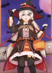 Rule 34 | 1girl, absurdres, asymmetrical legwear, bat (animal), black gloves, black thighhighs, bucket, feet out of frame, fingerless gloves, girls&#039; frontline, gloves, grey eyes, halloween, halloween bucket, halloween costume, hand on headwear, hat, highres, holding, holding bucket, long hair, looking up, moon, muteppona hito, night, night sky, open mouth, silver hair, sky, solo, standing, svd (girls&#039; frontline), thighhighs, uneven legwear, weapon case, witch hat