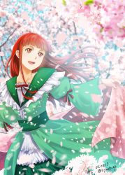 Rule 34 | 1girl, :d, blunt bangs, brunhilde (honzuki no gekokujou), cherry blossoms, dated, day, dress, floating hair, frilled sleeves, frills, green dress, holding, honzuki no gekokujou, layered dress, long hair, long sleeves, looking up, neck ribbon, open mouth, outdoors, red eyes, red hair, red ribbon, ribbon, sash, smile, solo, spring (season), straight hair, twitter username, very long hair, wide sleeves, yuuko24