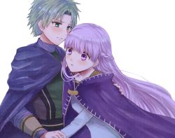 Rule 34 | 1boy, 1girl, blue dress, blush, cape, closed mouth, couple, dress, fire emblem, fire emblem: the binding blade, floating hair, green eyes, green hair, hair intakes, hand on another&#039;s shoulder, holding hands, long hair, long sleeves, nintendo, purple cape, purple eyes, purple hair, raigh (fire emblem), simple background, sophia (fire emblem), standing, very long hair, white background, wspread
