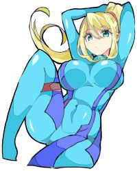 Rule 34 | 1girl, armpits, arms up, blonde hair, blue bodysuit, blue eyes, bodysuit, breasts, covered navel, enpe, hair between eyes, highres, holster, large breasts, leg up, lying, metroid, nintendo, on back, open mouth, ponytail, samus aran, simple background, skin tight, solo, thigh strap, thighs, white background, zero suit