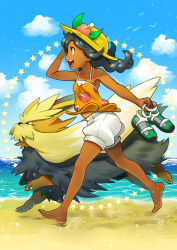 Rule 34 | 1girl, animal, bare arms, bare legs, bare shoulders, barefoot, beach, black hair, blue eyes, blue sky, braid, breasts, camisole, cloud, creatures (company), dark-skinned female, dark skin, day, dog, eudetenis, floral print, flower, from side, full body, fur, game freak, gen 5 pokemon, hand on headwear, hand up, hat, hat flower, highres, holding, holding shoes, long hair, looking afar, medium breasts, midriff peek, navel, nintendo, ocean, open mouth, orange camisole, outdoors, outstretched arm, pokemon, pokemon (creature), pokemon sm, running, sand, selene (pokemon), shoes, shorts, sky, smile, star (symbol), stomach, stoutland, straw hat, tan, tanline, teeth, toes, twin braids, unworn shoes, upper teeth only, water, white shorts