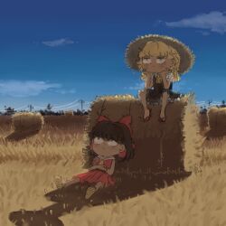 Rule 34 | 2girls, black hair, blue sky, bow, cloud, commentary, english commentary, freckles, full body, hair bow, hair tubes, hakurei reimu, hands on own face, hat, haystack, kirisame marisa, manamanami, multiple girls, outdoors, power lines, red bow, red shirt, red skirt, shirt, sidelocks, sitting, skirt, sky, straw hat, touhou, utility pole