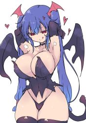 Rule 34 | armpits, arms behind head, artist request, bat wings, black legwear, blue hair, breasts, bridal gauntlets, choker, copyright request, demon girl, demon tail, demon wings, elbow gloves, gloves, head wings, heart, heart-shaped pupils, highres, large breasts, licking lips, long hair, midriff, navel, panties, red eyes, source request, demon girl, symbol-shaped pupils, tail, thighhighs, thong, tongue, tongue out, twintails, underwear, wide hips, wings