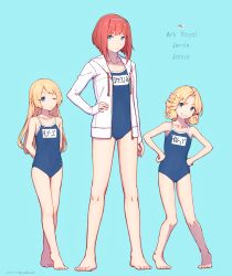 Rule 34 | 3girls, ark royal (kancolle), barefoot, blonde hair, blue eyes, blue one-piece swimsuit, blunt bangs, bob cut, character name, collarbone, commentary request, competition school swimsuit, flag, flat chest, grin, hairband, hand on own hip, hands on own hips, highres, hood, hooded jacket, hoodie, jacket, janus (kancolle), jervis (kancolle), kantai collection, long hair, looking at viewer, multiple girls, nakaaki masashi, name tag, one-piece swimsuit, red hair, school swimsuit, short hair, smile, standing, swimsuit, white jacket