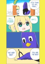 Rule 34 | 1boy, 1girl, 4koma, absurdres, amano pikamee, arms behind back, artist name, bird, black eyes, black hairband, black shorts, blonde hair, bright pupils, colored inner hair, comic, commentary, english commentary, english text, gate, green eyes, green hair, gyari (bird), hairband, heaven, highres, multicolored hair, open mouth, sharp teeth, shirt, short hair, shorts, signature, talking, teeth, two-tone hair, virtual youtuber, voms, white pupils, white shirt, yellow background, zero (muftisaili)