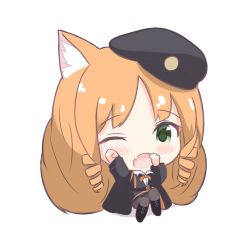 Rule 34 | 1girl, ;o, animal ear fluff, animal ears, arknights, big head, black footwear, black hat, black jacket, black skirt, black vest, blush, boots, brown hair, chibi, collared shirt, commentary request, dress shirt, fang, full body, green eyes, grey pantyhose, hands up, hat, highres, jacket, knee boots, long sleeves, one eye closed, open clothes, open jacket, open mouth, pantyhose, parted bangs, peaked cap, rebaa, ringlets, shirt, sidelocks, simple background, skirt, solo, swire (arknights), tears, transparent background, vest, white background, white shirt