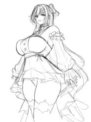Rule 34 | 1girl, breasts, closed mouth, detached sleeves, dorothy (nikke), dress, frilled dress, frills, goddess of victory: nikke, greyscale, hair bun, highres, large breasts, long hair, monochrome, panties, rekaro (rekaro-ya), simple background, sketch, smile, solo, thick thighs, thighhighs, thighs, underwear, white background
