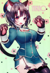 Rule 34 | 1girl, animal ears, animal hands, beret, black hair, black thighhighs, blue headwear, blush, breasts, cat ears, cat tail, garter straps, gloves, hair between eyes, hat, highres, kantai collection, large breasts, long sleeves, looking at viewer, military, military uniform, miniskirt, open mouth, paw gloves, paw pose, red eyes, scan, short hair, sitting, skirt, suzuho hotaru, tail, takao (kancolle), thighhighs, uniform, wariza