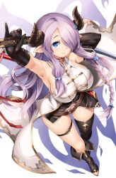 Rule 34 | 10s, 1girl, armpits, arms behind head, arms up, bare shoulders, black gloves, blue eyes, blush, breasts, butterfly hair ornament, demon horns, draph, elbow gloves, female focus, full body, gloves, granblue fantasy, hair ornament, hair over one eye, horns, large breasts, light purple hair, long hair, looking at viewer, narmaya (granblue fantasy), one eye covered, pointy ears, shinozuka atsuto, sideboob, simple background, single thighhigh, smile, solo, standing, thighhighs, weapon, white background