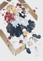 Rule 34 | 1girl, aiming, aiming at viewer, apron, black dress, black footwear, blonde hair, blood, blood on clothes, blood on face, breasts, broken picture frame, bullet, dot mouth, dress, fingernails, flower, frilled apron, frills, genshin impact, grey background, hair ornament, hairpin, highres, juliet sleeves, knee up, long sleeves, lumine (genshin impact), lying, maid, maid apron, maid headdress, medium breasts, multiple hairpins, on back, picture frame, puffy sleeves, red flower, red rose, rose, shoes, unworn shoes, short hair with long locks, sidelocks, socks, solo, white apron, white socks, wrist cuffs, yaner 10, yellow eyes