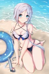 Rule 34 | 1girl, bare shoulders, beach, bikini, black bikini, blue eyes, blush, braid, breasts, cleavage, day, fairy (kancolle), full body, hair between eyes, hair tie, kantai collection, long hair, looking at viewer, mable, medium breasts, mole, mole under eye, parted bangs, silver hair, smile, solo focus, swimsuit, torpedo, umikaze (kancolle), very long hair