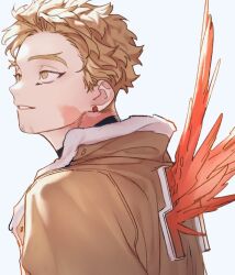 Rule 34 | 1boy, blonde hair, boku no hero academia, brown eyes, brown jacket, earrings, facial hair, from side, fur-trimmed jacket, fur trim, goatee stubble, hawks (boku no hero academia), jacket, jewelry, male focus, parted lips, pon52io, red wings, short hair, simple background, solo, stubble, upper body, white background, wings