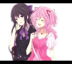 Rule 34 | 10s, 2girls, :d, adapted costume, akemi homura, alternate hairstyle, bad id, bad pixiv id, black hair, blush, bow, casual, closed eyes, collarbone, frills, hair between eyes, hair bow, hair ribbon, half updo, hand up, jewelry, kaname madoka, letterboxed, long hair, looking to the side, mahou shoujo madoka magica, mahou shoujo madoka magica (anime), multiple girls, necklace, open mouth, pink hair, puffy short sleeves, puffy sleeves, purple bow, purple eyes, red ribbon, ribbon, sekiji miko, short sleeves, smile, twintails, two side up, very long hair, white background, yuutera miko