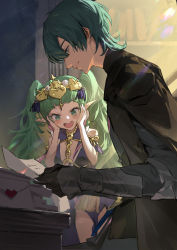 Rule 34 | 1boy, 1girl, absurdres, armor, blue eyes, blunt bangs, braid, byleth (fire emblem), byleth (male) (fire emblem), chinese commentary, commentary request, expressionless, fire emblem, fire emblem: three houses, gauntlets, green eyes, green hair, hands on own cheeks, hands on own face, highres, holding, kurasamerukia, letter, long hair, love letter, nintendo, open mouth, pointy ears, reading, short hair, smile, sothis (fire emblem), twin braids, twintails, very long hair
