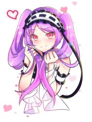 Rule 34 | 1girl, blush, bunching hair, euryale (fate), fate/grand order, fate (series), hairband, hands up, heart, highres, lolita hairband, long hair, looking at viewer, nagagutsu (nagagutsu1230), purple hair, red eyes, simple background, smile, solo, stheno (fate), twintails, upper body, white background