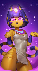 Rule 34 | 1girl, 2021, absurdres, animal crossing, animal ears, ankha (animal crossing), ankha zone (meme), blue hair, blunt bangs, bob cut, cat ears, covered navel, cowboy shot, dress, furry, furry female, glowing, glowing eyes, highres, looking down, nia4294, nia (nia4294), nintendo, open mouth, purple background, purple eyes, ringed eyes, short hair, solo, star (sky), striped tail, tail, thick thighs, thighs, uraeus, usekh collar, w arms, white dress