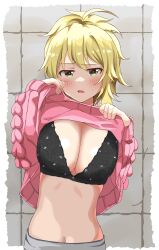 Rule 34 | 1girl, absurdres, ahoge, black bra, blonde hair, bra, breasts, character request, cleavage, clothes lift, copyright request, green eyes, haruki (haruki678), highres, large breasts, lifted by self, looking at viewer, navel, pink sweater, solo, stomach, sweater, sweater lift, underwear