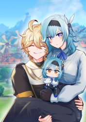 Rule 34 | 1boy, 2girls, aepuru arts, aether (genshin impact), aether (guilin) (genshin impact), blonde hair, blue eyes, blue hair, blush, blush stickers, carrying, chibi, eula (genshin impact), father and daughter, genshin impact, hair ribbon, hand on another&#039;s shoulder, highres, if they mated, mother and daughter, multiple girls, princess carry, ribbon, yellow eyes
