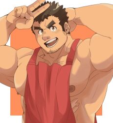 Rule 34 | 1boy, apron, arm behind head, arm up, bara, border, brown eyes, brown hair, chest hair, commentary request, facial hair, forked eyebrows, goatee, goatee stubble, highres, large pectorals, long sideburns, male focus, muscular, muscular male, naked apron, nipples, obliques, open mouth, orange background, outside border, pectorals, red apron, shirotoki (qdng0atngbaqmce), short hair, sideburns, simple background, smile, solo, stubble, takabushi kengo, thick eyebrows, tokyo houkago summoners, upper body, v, white border