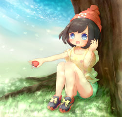 Rule 34 | 1girl, 22m, arm up, beanie, black hair, blue eyes, blue sky, cloud, collarbone, creatures (company), day, female focus, full body, game freak, grass, green shorts, hand up, hat, highres, holding, holding poke ball, looking at viewer, nintendo, open mouth, outdoors, outstretched arm, panties, pantyshot, poke ball, pokemon, pokemon sm, red footwear, red hat, selene (pokemon), shirt, shoes, short hair, short shorts, short sleeves, shorts, sitting, sky, smile, solo, tree, underwear, upshorts, white panties, yellow shirt