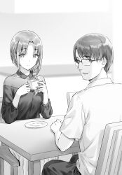 1boy 1girl closed_mouth collared_shirt commentary_request cup gimai_seikatsu glasses greyscale highres hiten_(hitenkei) holding holding_cup husband_and_wife long_sleeves looking_at_viewer looking_back low_ponytail mature_female mature_male medium_hair monochrome mug novel_illustration official_art over-rim_eyewear parted_lips plate second-party_source semi-rimless_eyewear shirt short_hair short_sleeves sitting