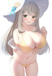 Rule 34 | 1girl, absurdres, bikini, blue archive, blush, breasts, cleavage, commentary, front-tie bikini top, front-tie top, halo, hat, highres, holding strap, huge breasts, light brown hair, looking at viewer, navel, nonomi (blue archive), nonomi (swimsuit) (blue archive), official alternate costume, rei (ilust9999), side-tie bikini bottom, simple background, smile, solo, stomach, sun hat, swimsuit, white background, yellow bikini