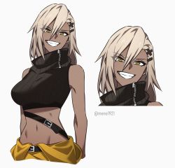 Rule 34 | 1girl, :d, arms at sides, artist name, bad id, bad pixiv id, belt, black sweater, blonde hair, breasts, close-up, dark-skinned female, dark skin, hair ornament, hairclip, highres, inactive account, large breasts, lauliu, looking at viewer, medium hair, midriff, open mouth, original, simple background, sleeveless, sleeveless turtleneck, smile, solo, sweater, turtleneck, turtleneck sweater, upper body, white background, x hair ornament, yellow eyes, yellow legwear, zipper