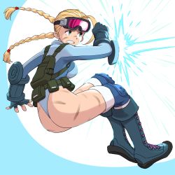 Rule 34 | 1girl, ahoge, antenna hair, ass, backpack, bag, blonde hair, blue eyes, boots, braid, breasts, cammy white, capcom, fingerless gloves, gauntlets, gloves, goggles, goggles on head, highleg, highleg leotard, highres, knee boots, knee pads, large breasts, laser, leotard, long hair, official alternate costume, pouch, scar, shigenobu, solo, street fighter, street fighter v, thong, thong leotard, twin braids
