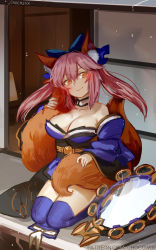 Rule 34 | 1girl, animal ear fluff, animal ears, bare shoulders, blue kimono, blue thighhighs, bow, breasts, chocojax, cleavage, collarbone, detached sleeves, fate/extra, fate/grand order, fate (series), fox ears, fox girl, fox tail, hair bow, hair ribbon, highres, indoors, japanese clothes, kimono, large breasts, mirror, multiple tails, pink hair, ribbon, sitting, solo, suiten nikkou amaterasu yanoshisu ishi, tail, tamamo (fate), tamamo no mae (fate/extra), thighhighs, yellow eyes