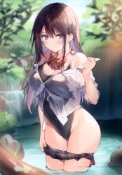 Rule 34 | 1girl, absurdres, bare shoulders, blurry, blurry background, blush, bow, breasts, brown hair, closed mouth, day, earrings, highres, jewelry, long hair, looking at viewer, medium breasts, necomi, one-piece swimsuit, original, partially submerged, purple eyes, scan, see-through, shirt, simple background, skirt, solo, swimsuit, thighs, water, water drop, wet, wet clothes, white shirt