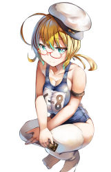 Rule 34 | 1girl, ahoge, arm strap, armpit crease, bad id, bad pixiv id, belko, blonde hair, blue eyes, blue one-piece swimsuit, breasts, cleavage, collarbone, condom, glasses, groin, hair ornament, hair ribbon, hat, highres, hip focus, holding, holding condom, i-8 (kancolle), kantai collection, large breasts, long hair, looking at viewer, low twintails, name tag, one-piece swimsuit, peaked cap, red-framed eyewear, ribbon, school swimsuit, semi-rimless eyewear, shiny skin, sidelocks, simple background, smile, solo, squatting, swimsuit, taut clothes, taut swimsuit, thighhighs, twintails, white background, white ribbon, white thighhighs