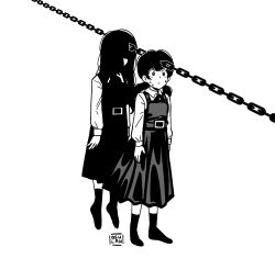 Rule 34 | 2girls, artist name, black hair, chain, chainsaw man, dress, fourth east high school uniform, greyscale, impaled, long hair, looking to the side, low twintails, mitaka asa, monochrome, multiple girls, neck ribbon, osulan, pinafore dress, ribbon, school uniform, simple background, sleeveless dress, standing, sweat, sweatdrop, twintails, white background, yoru (chainsaw man)
