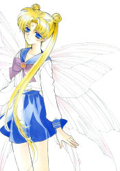 Rule 34 | 1990s (style), 1girl, artist name, bishoujo senshi sailor moon, blonde hair, blue eyes, blue sailor collar, blue skirt, bow, brooch, butterfly wings, cowboy shot, crescent, crescent facial mark, double bun, facial mark, fingernails, forehead mark, hair bun, highres, insect wings, jewelry, kouga yun, long hair, long sleeves, parted bangs, purple bow, retro artstyle, ring, sailor collar, school uniform, serafuku, signature, skirt, solo, tsukino usagi, twintails, very long hair, white background, wings