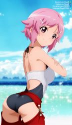 Rule 34 | 1girl, armor, ass, bare shoulders, blush, breastplate, breasts, chaps, from behind, hair ornament, hairclip, highres, leotard, lisbeth (sao), pink eyes, pink hair, shiny clothes, shiny skin, short hair, shugo19, sideboob, smile, solo, sword art online