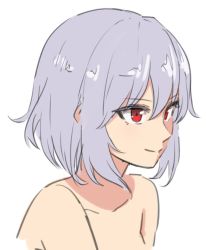 Rule 34 | 1girl, collarbone, colored eyelashes, commentary request, hair between eyes, leon (mikiri hassha), light purple hair, looking ahead, portrait, red eyes, remilia scarlet, short hair, simple background, smile, solo, touhou, vampire, white background