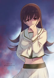 Rule 34 | 1girl, brown eyes, brown hair, covered mouth, dated, kantai collection, long hair, looking at viewer, midriff, navel, neckerchief, nikuoji, one-hour drawing challenge, ooi (kancolle), pleated skirt, red eyes, sailor collar, school uniform, serafuku, shaded face, skirt, solo, twitter username, white neckerchief, white sailor collar, white serafuku, white skirt