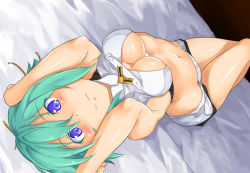 Rule 34 | 10s, aquarion (series), aquarion evol, blush, breasts, cleavage, green hair, groin, large breasts, lying, midriff, navel, short shorts, shorts, zessica wong