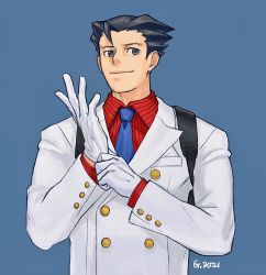 Rule 34 | 1boy, ace attorney, adjusting clothes, adjusting gloves, alternate costume, artist name, backpack, bag, black eyes, black hair, blue background, blue necktie, bobby fulbright, bobby fulbright (cosplay), breast pocket, buttons, closed mouth, collared shirt, cosplay, dated, forehead, gloves, godzillapigeon1, half-closed eyes, hands up, happy, highres, jacket, long sleeves, looking to the side, male focus, matching hair/eyes, necktie, own hands together, phoenix wright, phoenix wright: ace attorney - dual destinies, pinstripe pattern, pinstripe shirt, pocket, red shirt, shirt, short hair, signature, simple background, smile, solo, spiked hair, standing, striped, upper body, white gloves, white jacket