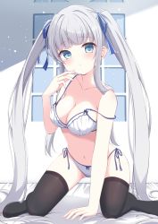 Rule 34 | 1girl, aqua eyes, bare arms, bare legs, bare shoulders, barefoot, black thighhighs, blonde hair, blue ribbon, blush, bra, breasts, camisole, closed mouth, face, full body, hair ornament, hair ribbon, highres, hose, leaning forward, long hair, looking at viewer, navel, original, panties, pantyshot, ribbon, side-tie panties, simple background, skindentation, solo, spread legs, standing, suzunashi rei, tachi-e, thighhighs, thighs, twintails, underwear, underwear only, very long hair, white background, white camisole, white panties, window