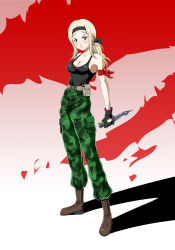 Rule 34 | 1girl, aleksandra i. pokryshkin, bandana, bare shoulders, belt, black gloves, blonde hair, blue eyes, blush, boots, brave witches, breasts, brown footwear, camouflage, camouflage pants, cleavage, closed mouth, full body, gloves, hiro yoshinaka, knife, large breasts, looking at viewer, medium hair, pants, shiny clothes, shiny skin, simple background, solo, standing, tank top, world witches series