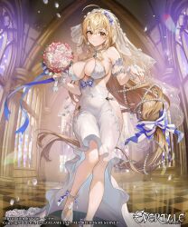 Rule 34 | 1girl, absurdres, bare shoulders, blonde hair, blush, bouquet, breasts, character request, closed mouth, commentary request, copyright name, covered navel, dress, evertale, flower, highres, holding, holding bouquet, indoors, large breasts, long hair, looking at viewer, sage joh, see-through, smile, solo, standing, veil, very long hair, white dress