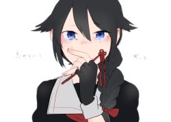 Rule 34 | 10s, 1girl, akagane (hknw1521), bad id, bad pixiv id, black hair, blue eyes, bow, braid, crying, crying with eyes open, fingerless gloves, gloves, hair bow, hair ornament, hair over shoulder, hairclip, kantai collection, neckerchief, personification, red neckerchief, school uniform, serafuku, shigure (kancolle), single braid, solo, tears