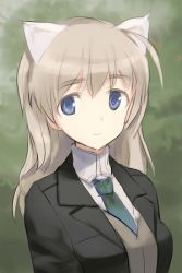 Rule 34 | 1girl, ahoge, animal ears, blue eyes, cat ears, green background, jacket, light brown hair, looking at viewer, lowres, lynette bishop, necktie, aged up, shimada fumikane, solo, strike witches, upper body, vest, world witches series