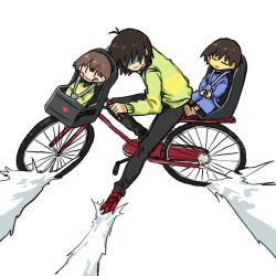 Rule 34 | 3others, akira (manga), akira slide, antenna hair, bicycle, bicycle basket, black pants, blue sweater, blush stickers, brown hair, chara (undertale), child safety seat, colored skin, deltarune, expressionless, frisk (undertale), green sweater, highres, kinuko21b, kris (deltarune), long sleeves, multiple others, multiple riders, pants, red footwear, shaded face, shoes, short hair, simple background, smile, sneakers, striped clothes, striped sweater, sweater, undertale, white background, yellow skin, | |